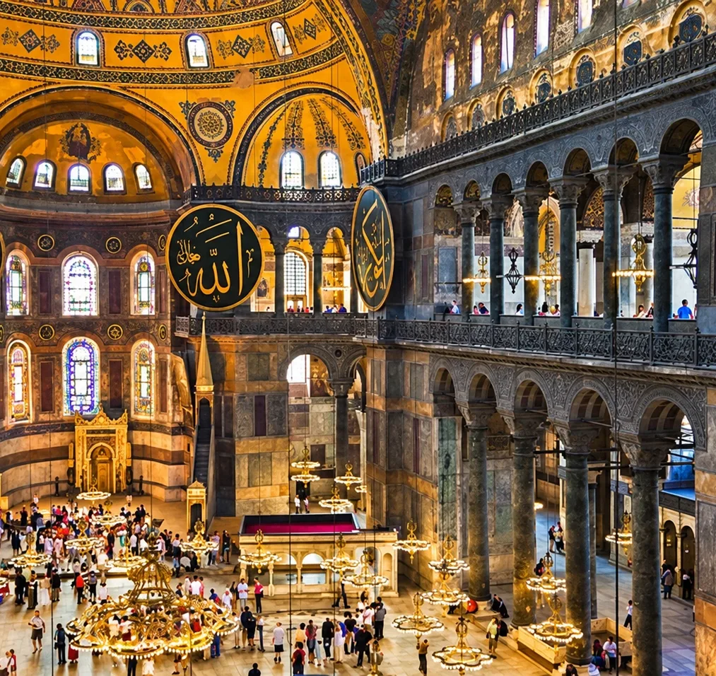 Warm light, calligraphic medallions and the interior of Hagia Sophia