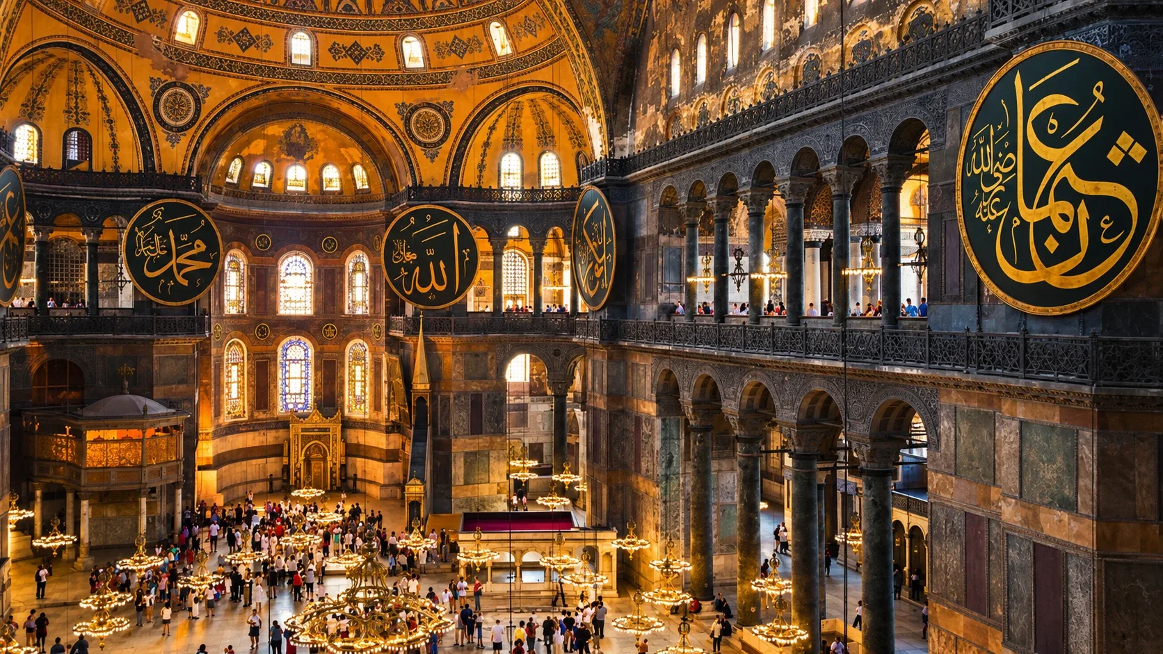AI-enhanced interpretation of a museum-era photograph of Hagia Sophia's golden vaults and calligraphic medallions