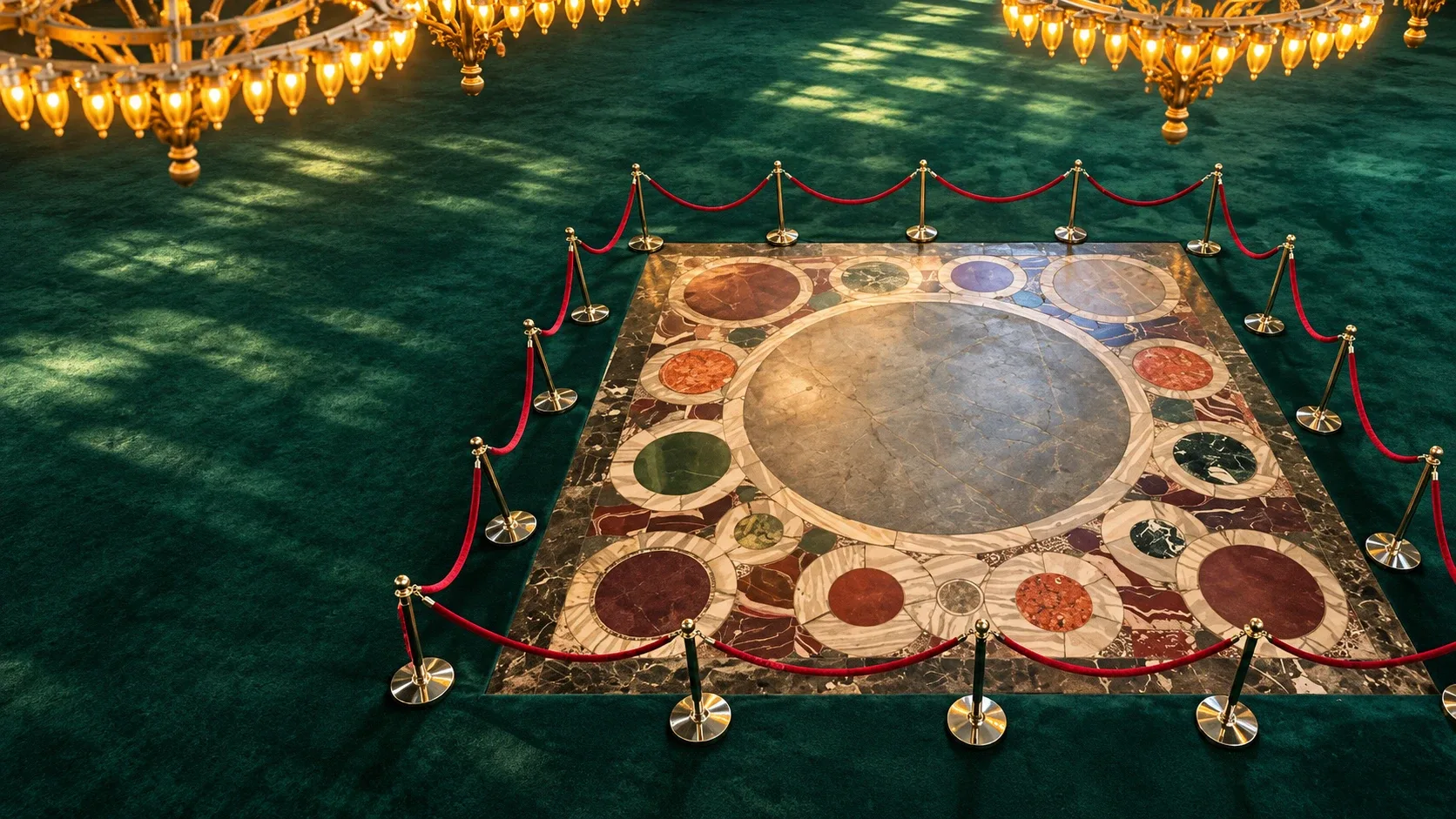 AI-enhanced interpretation of the Omphalion's colored marble circles within Hagia Sophia