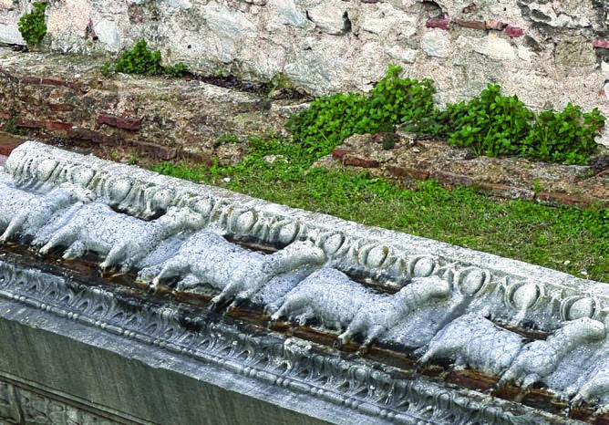 Surviving marble sheep relief from the second Hagia Sophia